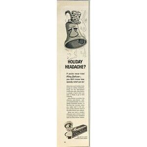 Alka-Seltzer "Holiday Headache?: Relief is Just a Swallow Away"Vtg Print Ad 1963